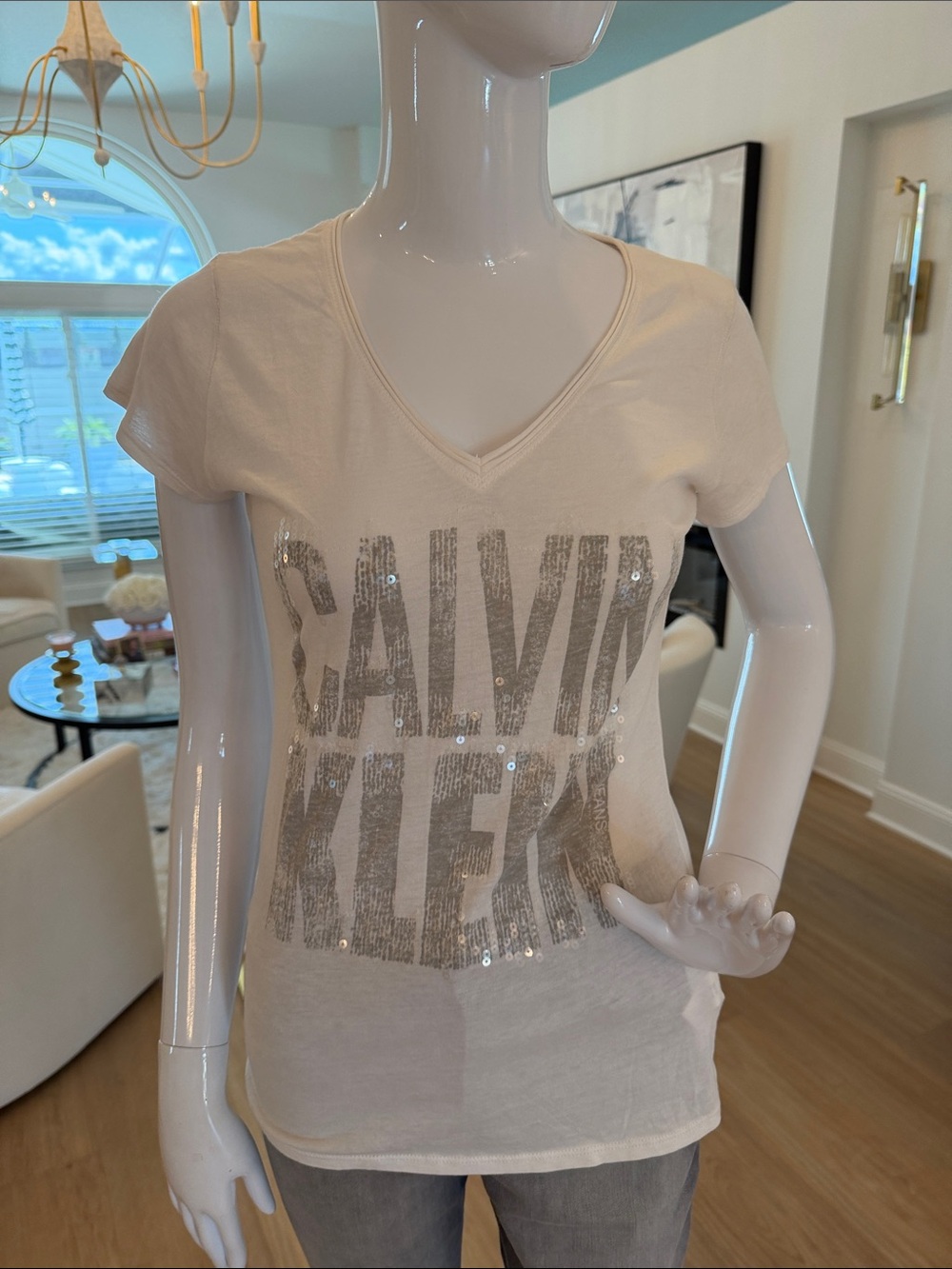 Calvin Klein White Short-Sleeve V-Neck Tee with Sequined Logo